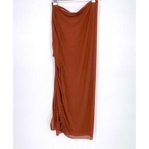 Sheer Mesh Stretchy Ruched Midi Skirt Beach Cover Up Rust Brown Size S